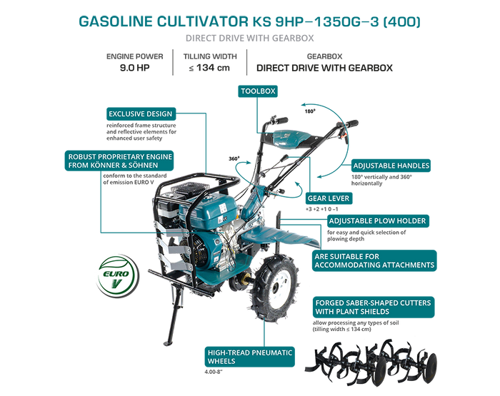 Benzīna kultivators KS 9HP-1350G-3 (400)